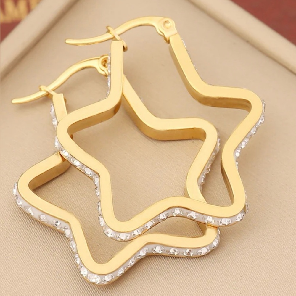 Gold Star Hoop Earrings with Crystal Accents Gold Plated Stainless